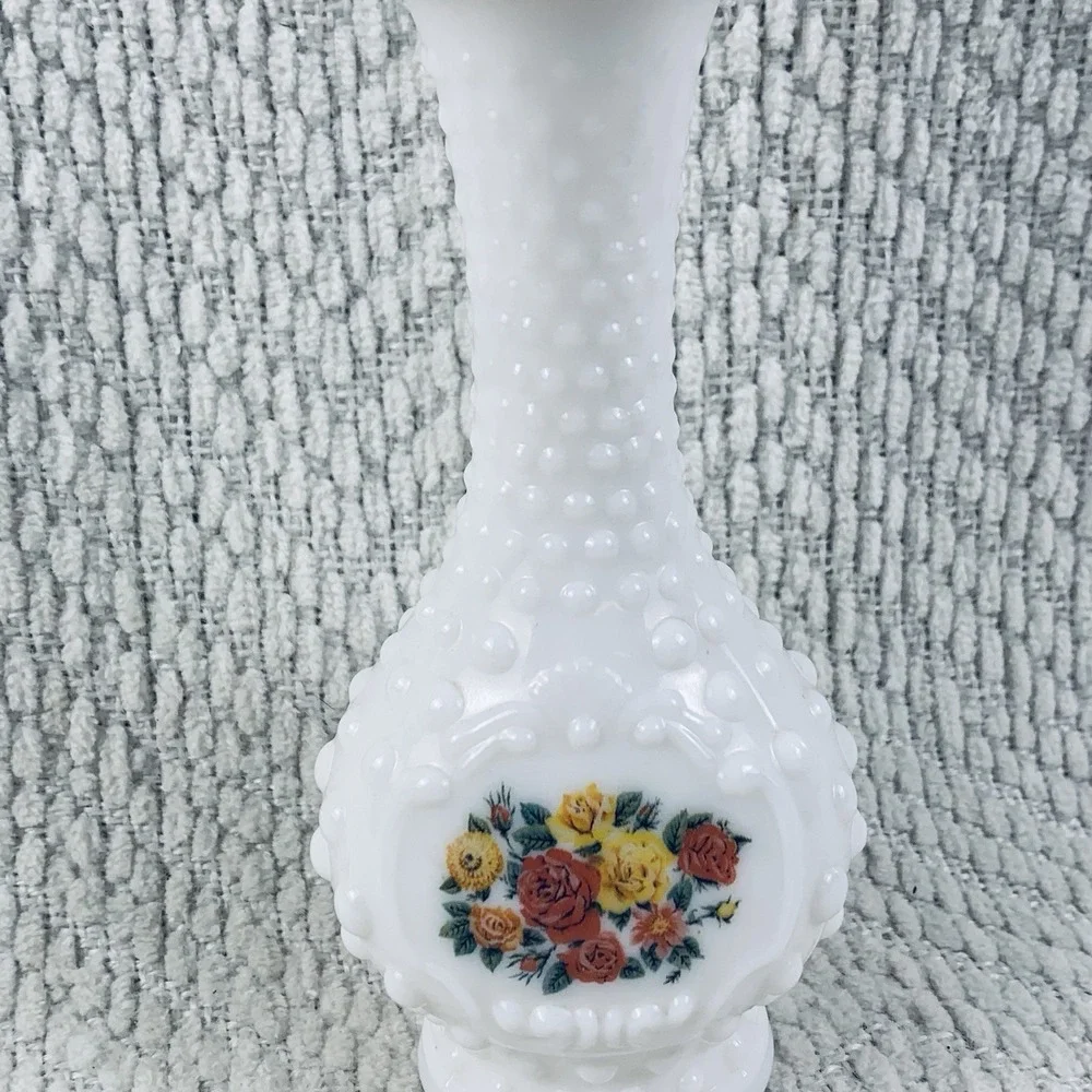 Vintage Hobnail Milk Glass Avon Cologne Bottle Decanter White Floral Flowers EUC